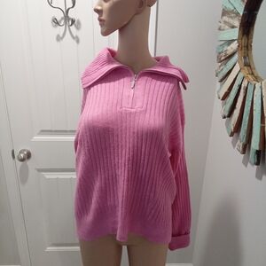 Hooked UP by IOT Sz M. Pink Rib-Knit Funnel-neck Half- Zip Sweater